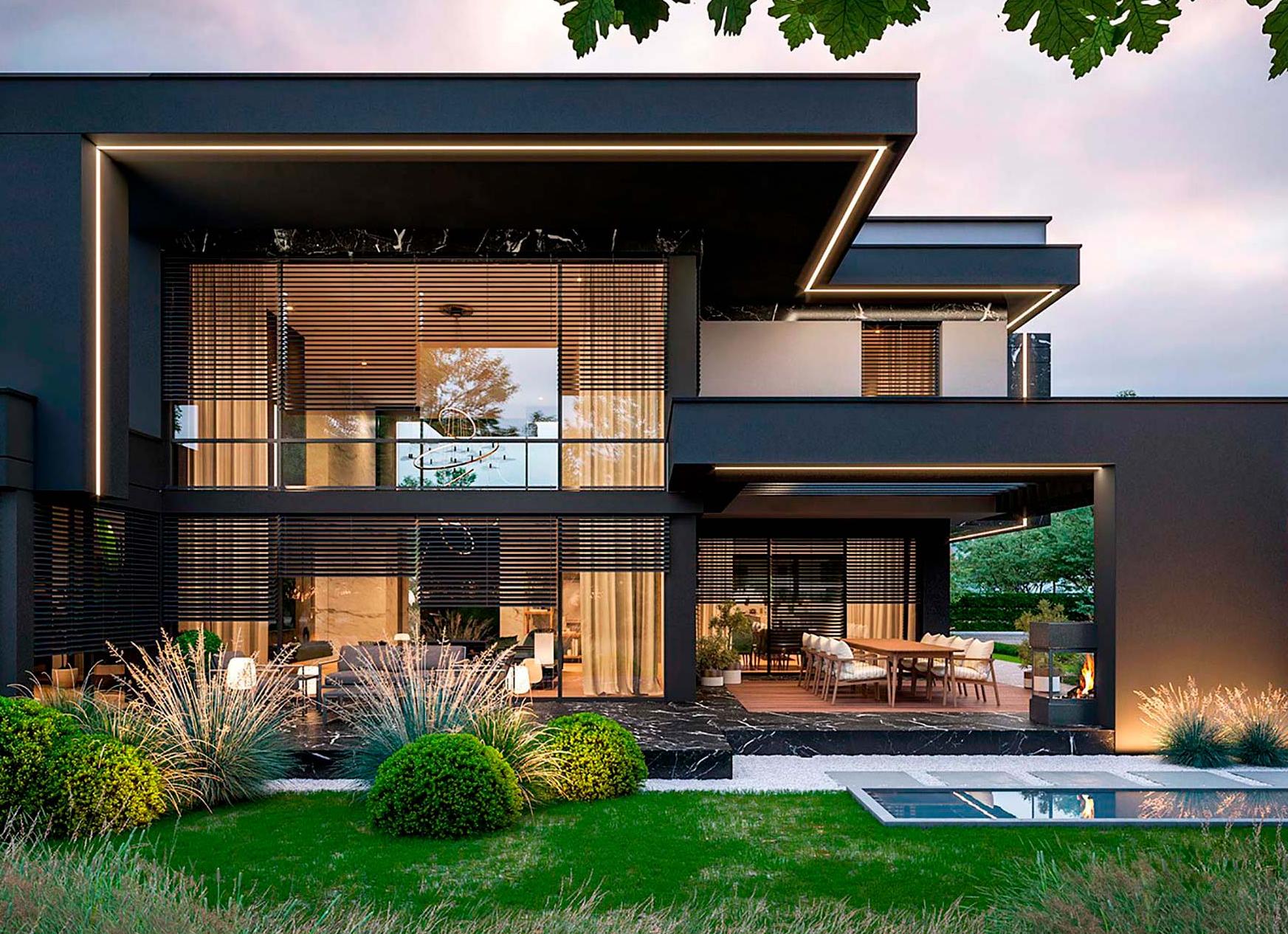 Современный коттедж в стиле хайтек с эксплуатируемой кровлей I 4 спальни и кухня-гостиная